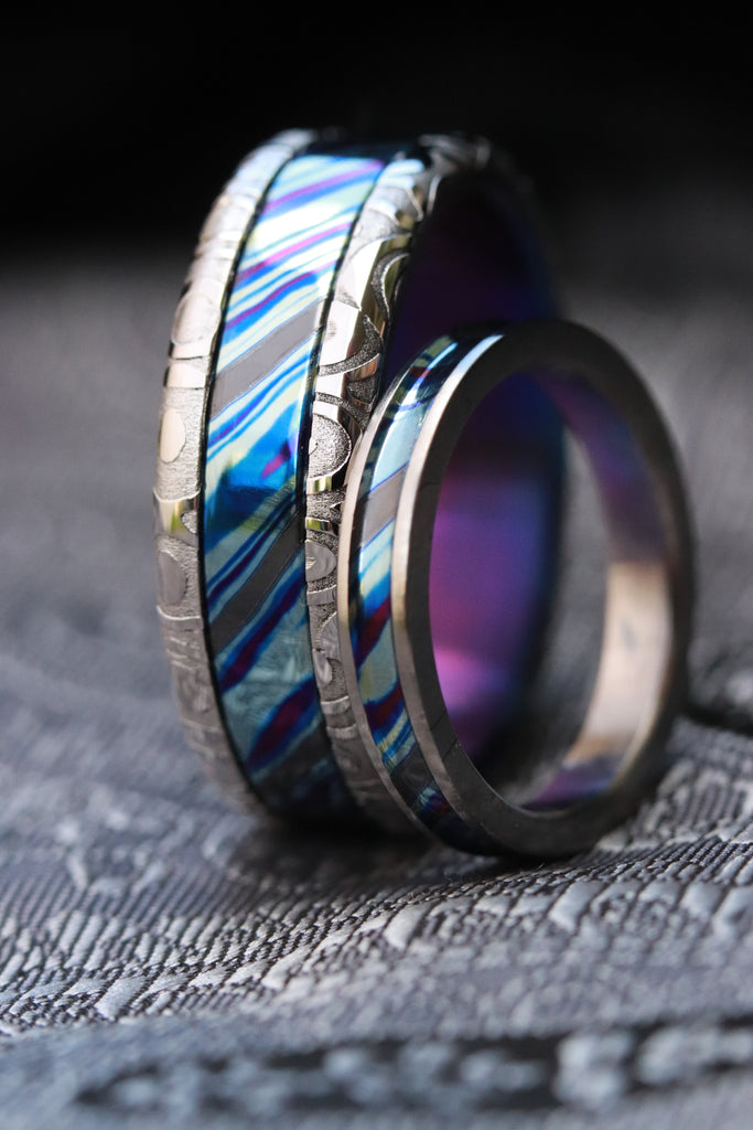 ZrTi ring set 5 alloy ZrTi 8mm Black Timascus / Mokuti & Stainless