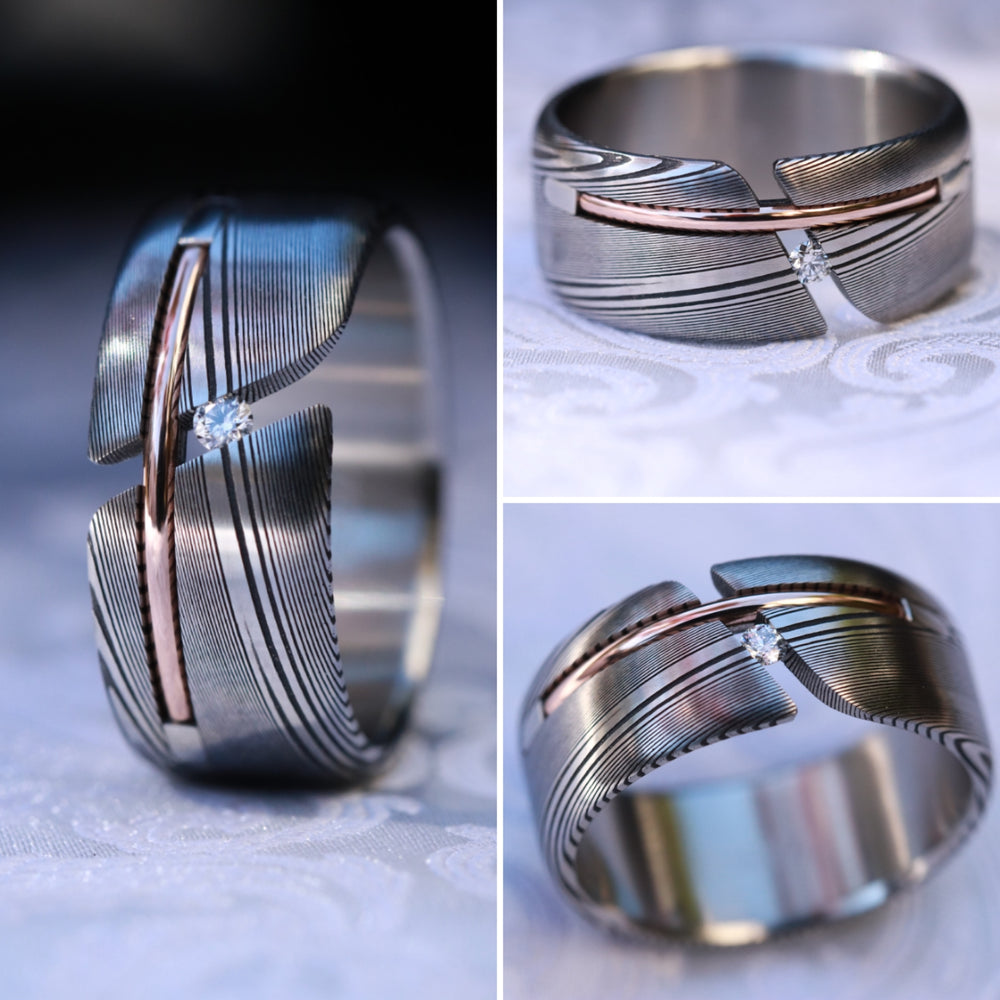 Diamond damascus gold Hybrid ring, diamond tension setting, 14k gold inlay, damasteel band