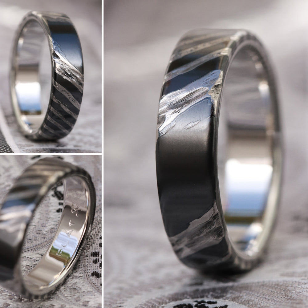 Weathered Platinum and zrti zirconium titanium damascus wedding band