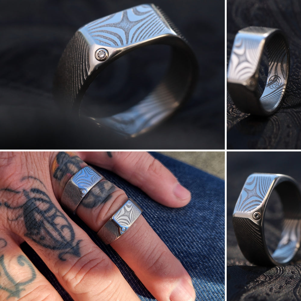 Diamond Signet ring - damasteel wave pattern, 14k vs1 diamond stainless damascus wedding band