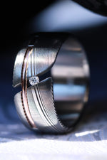 Diamond damascus gold Hybrid ring, diamond tension setting, 14k gold inlay, damasteel band