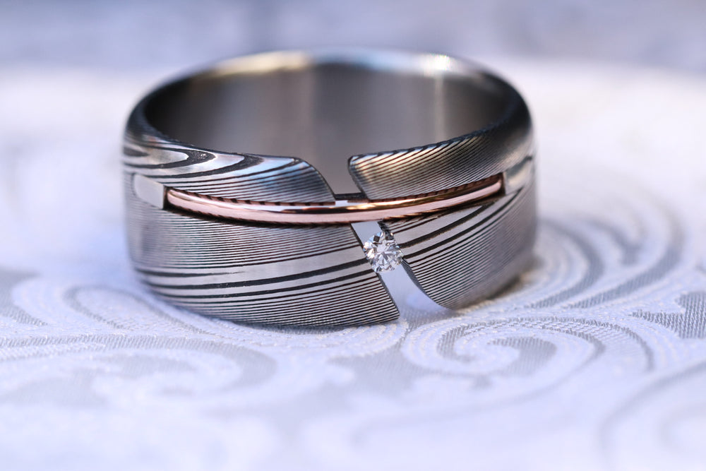 Diamond damascus gold Hybrid ring, diamond tension setting, 14k gold inlay, damasteel band