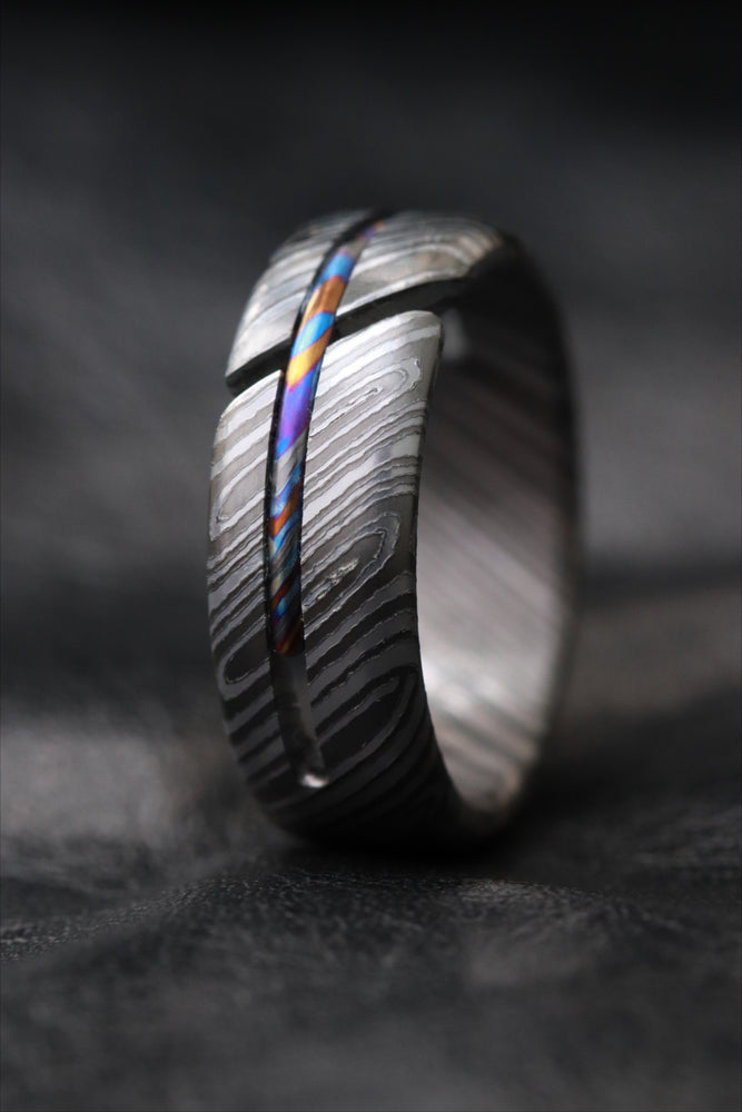 Zirconium damascus HYBRID*** Black ZrTi ring 7mm , timascus ring, mokuti ring, hypoallergenic jewelry, Zirconium inlay, mokuti ring