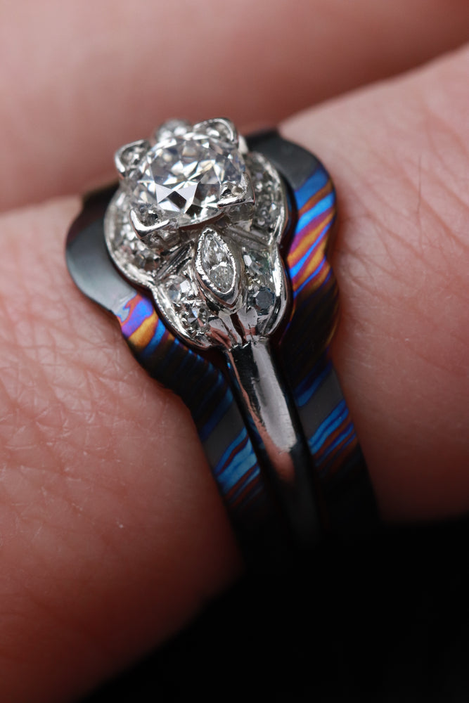 ZrTi Timascus bridal set, two titanium damascus rings, women's rings