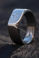 Diamond Signet ring - damasteel wave pattern, 14k vs1 diamond stainless damascus wedding band