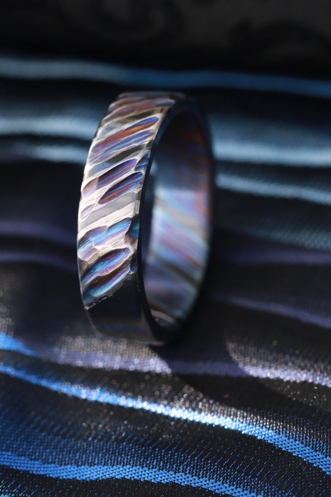 Deep weathered ZrTi timascus band weathered titanium damascus zirconium ring