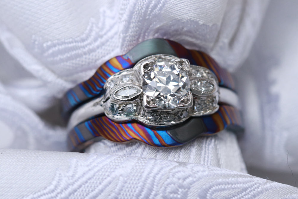 ZrTi Timascus bridal set, two titanium damascus rings, women's rings