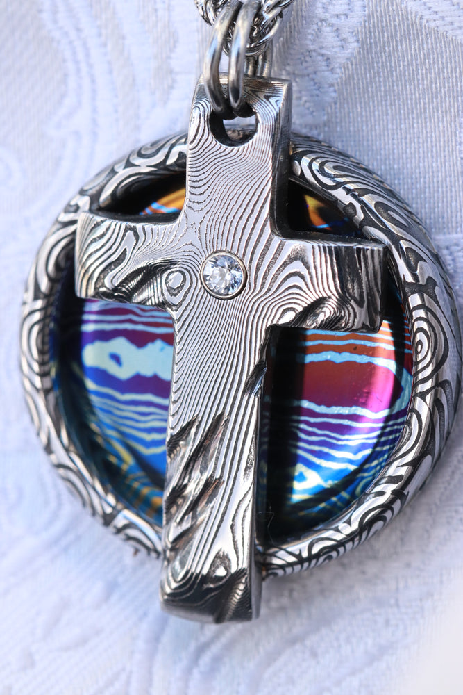 White sapphire and Timascus pendant, damasteel cross necklace pendant