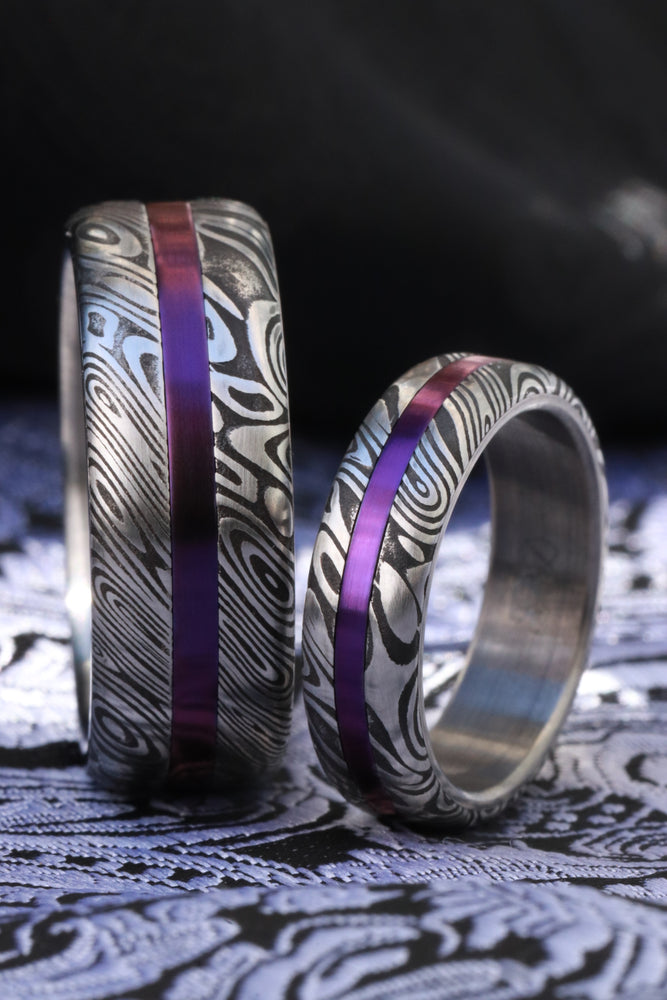 Purple titanium and damasteel damascus rings his and her ring set 2 rings customizable rings