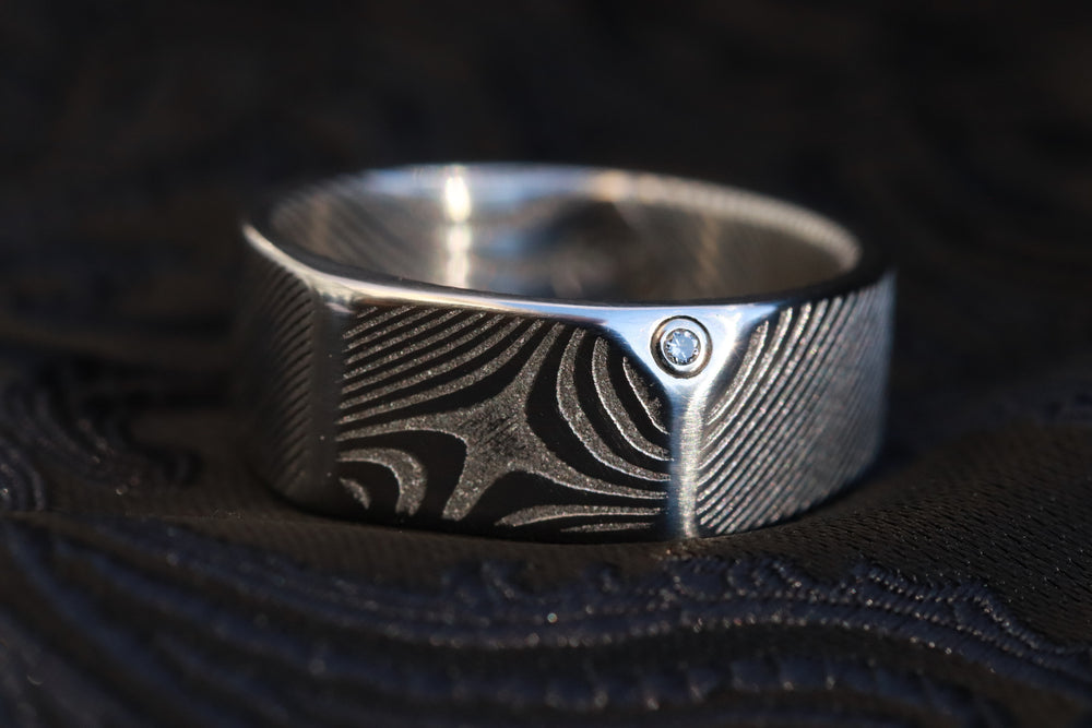 Diamond Signet ring - damasteel wave pattern, 14k vs1 diamond stainless damascus wedding band