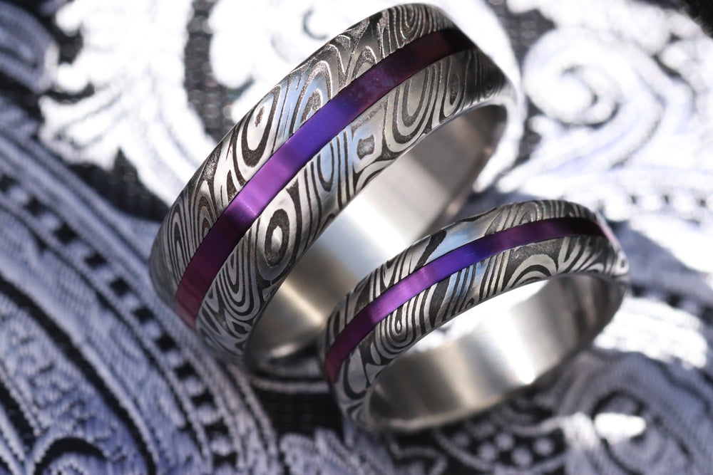 Purple titanium and damasteel damascus rings his and her ring set 2 rings customizable rings