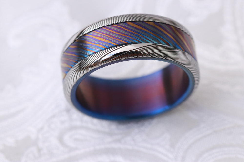 8mm men's Timascus Titanium zirconium damascus wedding band / Mokuti & Stainless Damascus (damasteel) zirconium titanium zrti timascus ring,black timascus ring, mokuti ring