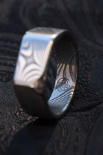 Diamond Signet ring - damasteel wave pattern, 14k vs1 diamond stainless damascus wedding band