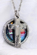 White sapphire and Timascus pendant, damasteel cross necklace pendant