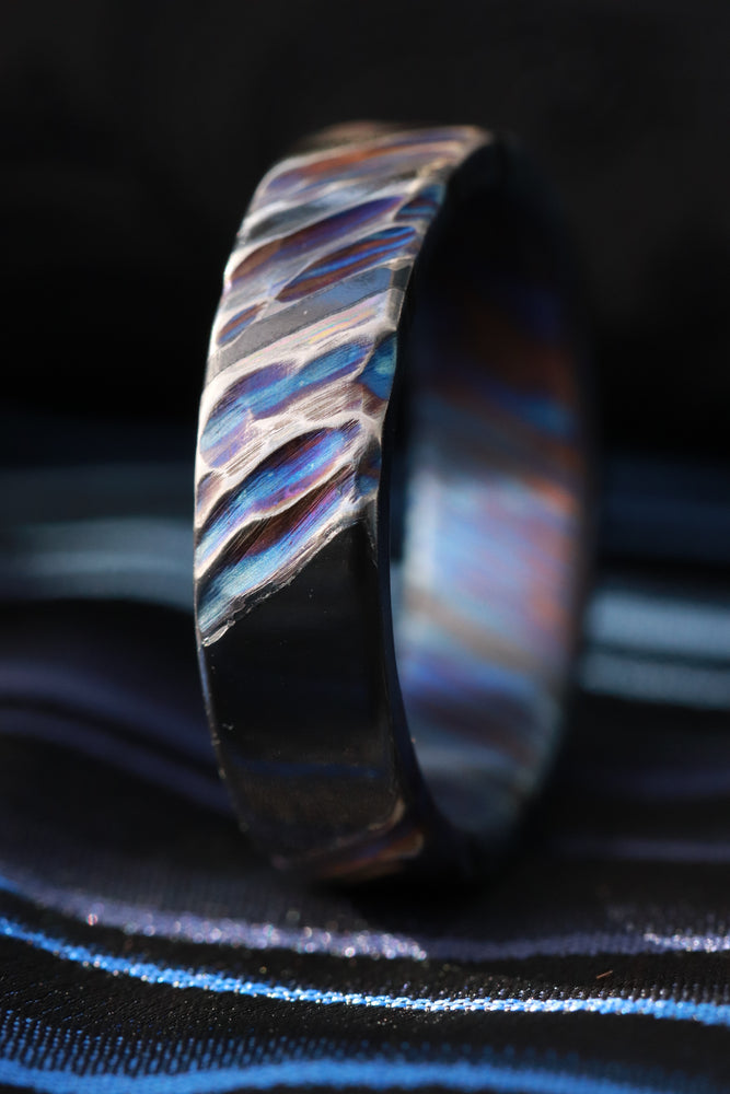 Deep weathered ZrTi timascus band weathered titanium damascus zirconium ring