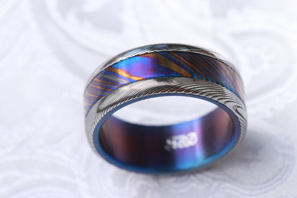 8mm men's Timascus Titanium zirconium damascus wedding band / Mokuti & Stainless Damascus (damasteel) zirconium titanium zrti timascus ring,black timascus ring, mokuti ring