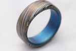 New *8mm Titanium lined  Damasteel Stainless Damascus "leaf" damascus steel ring,  damascus ring titanium ring, blue ring, mens rings