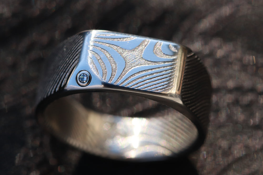 Diamond Signet ring - damasteel wave pattern, 14k vs1 diamond stainless damascus wedding band