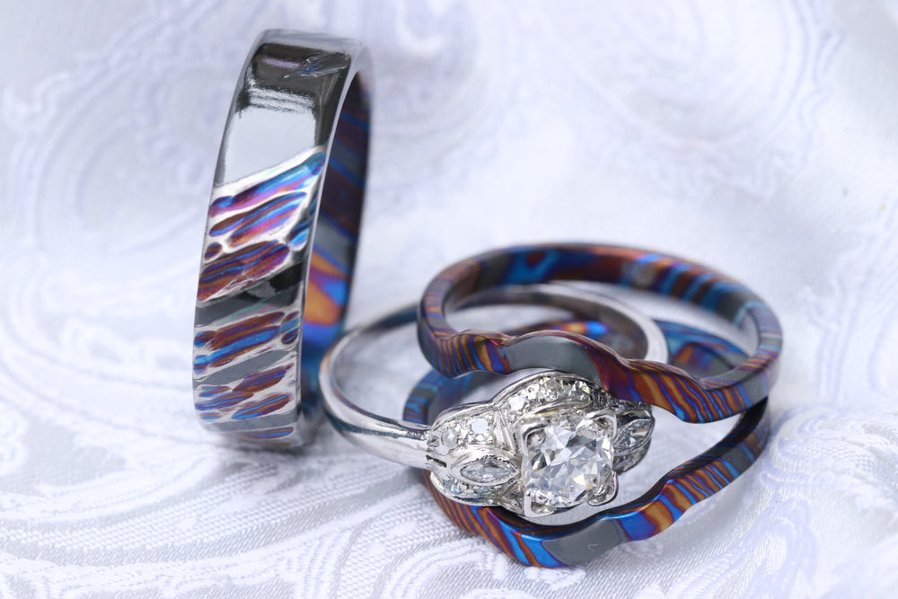 ZrTi Timascus bridal set, two titanium damascus rings, women's rings