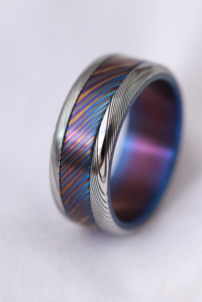 8mm men's Timascus Titanium zirconium damascus wedding band / Mokuti & Stainless Damascus (damasteel) zirconium titanium zrti timascus ring,black timascus ring, mokuti ring