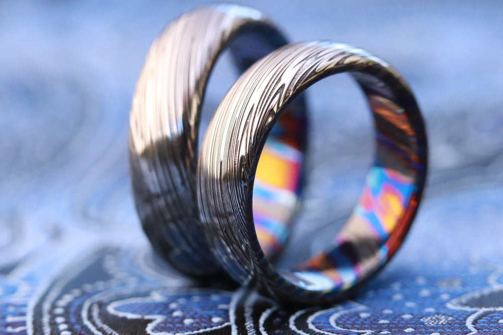Purple Titanium & Damascus steel ring set- stainless damasteel titaniu –  JBlunt Designs, Inc.