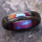 New*5.25mm "traditional" style Black Timascus ring Mokuti & Stainless zrti ring Damascus ,  dark "woodgrain" zirconium titanium