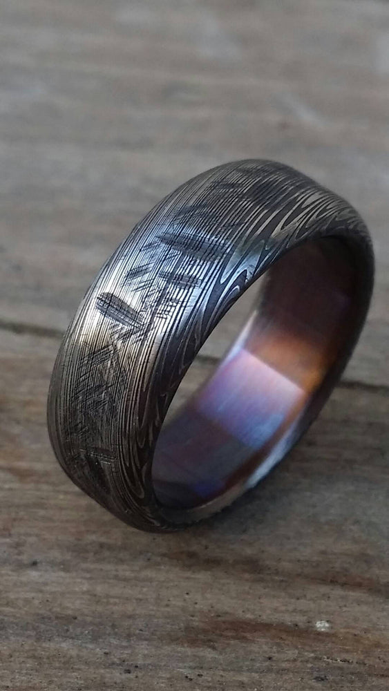 5mm Damascus ring Stainless steel Damascus &quot;black & blue PROVIDER&quot; ring, genuine damascus ring, damascus steel ring, weathered ring