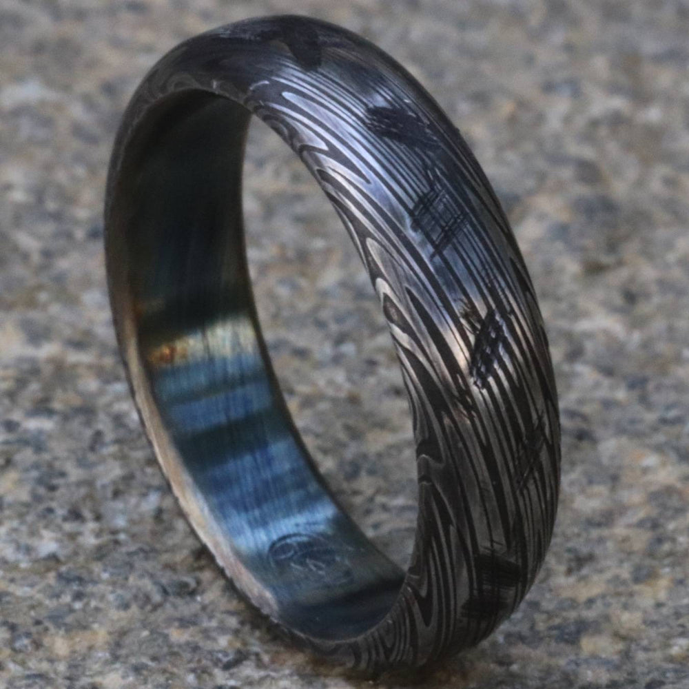 5mm Damascus ring Stainless steel Damascus &quot;black & blue PROVIDER&quot; ring, genuine damascus ring, damascus steel ring, weathered ring