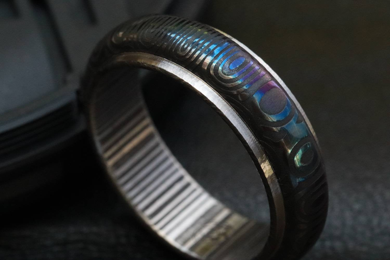 Purple Titanium & Damascus steel ring set- stainless damasteel titaniu –  JBlunt Designs, Inc.